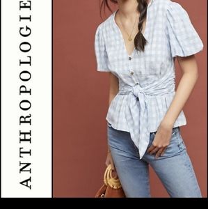 Maeve light blue gingham top with tie